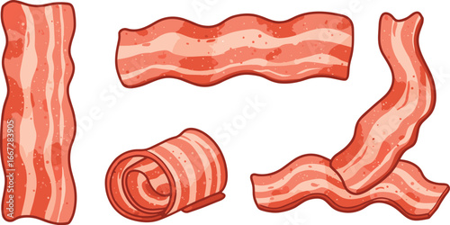 Cartoon illustration of five strips of bacon in various poses on transparent background
