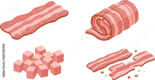 Isometric illustration of bacon in various forms on transparent background
