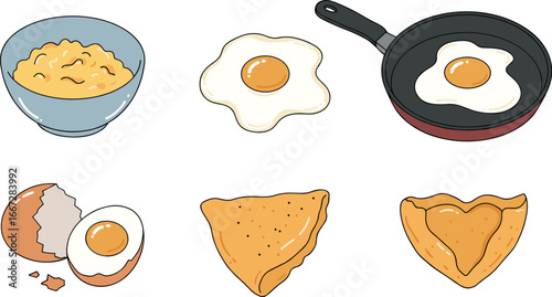 Cartoon illustration of various egg preparations on transparent background