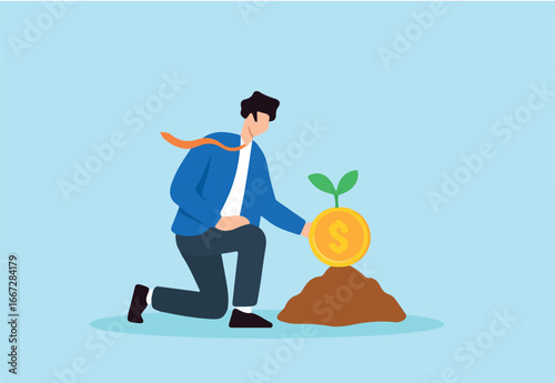 Flat illustration of businessman kneeling to plant golden coin seedling into soil for early investment and long term financial growth