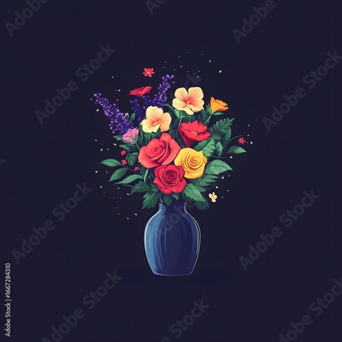 Vibrant Floral Bouquet in Blue Vase Dark Background