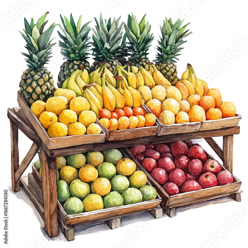 Summer Market Fruit Stand, watercolor illustration vector, isolated on a white background.