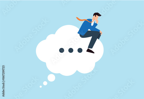 Businessman sits on thinking bubble, deep in thought like the thinker statue. Concept of considering solutions, critical thinking to solve problems and focusing on new ideas 