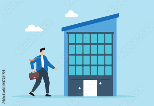 Flat illustration of businessman enters office building for job interview or work routine