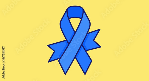 Simple and clean illustration of a folded blue awareness ribbon, a symbol of hope, support, and remembrance for numerous causes, isolated on a yellow field