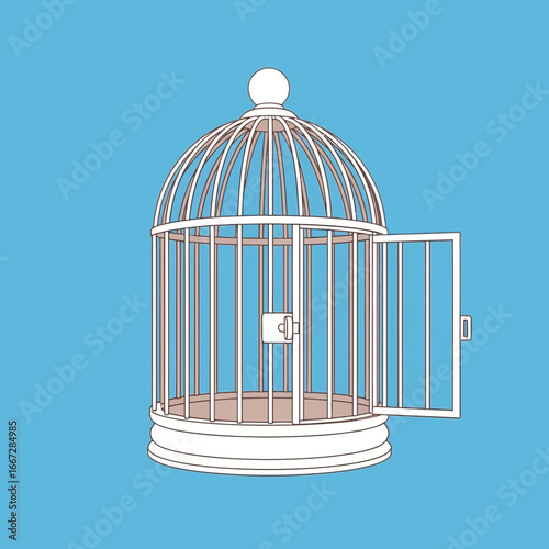 Vector illustration of an empty white birdcage with an open door against a blue background, symbolizing freedom, liberation, and new opportunities