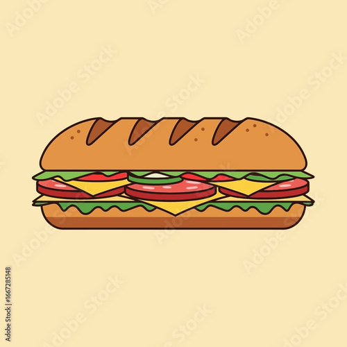 A detailed cartoon illustration of a long submarine sandwich. This classic hoagie is filled with layers of deli meat, cheese, lettuce, and tomatoes