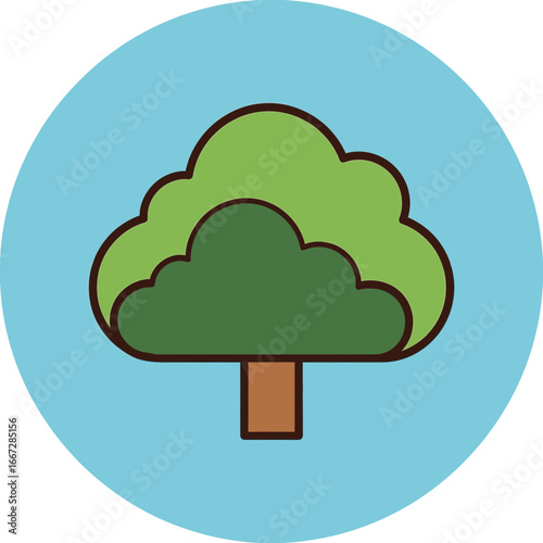 A minimalist cartoon tree illustration in a flat style, symbolizing nature, growth, and ecology, set within a simple blue circle icon