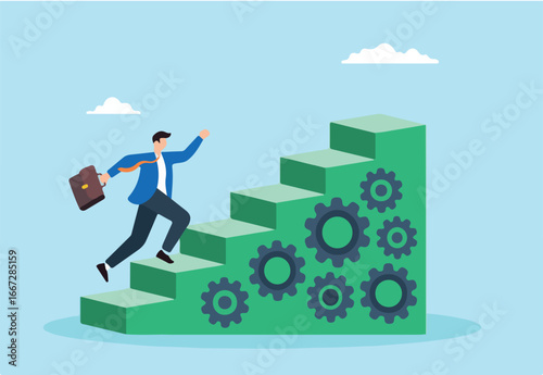 Flat illustration of businessman runs up stairs made of cogwheel gears representing progress through best practices