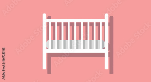 A flat design vector illustration of a white baby crib with a striped mattress, perfect for nursery and childcare concepts on a pink background