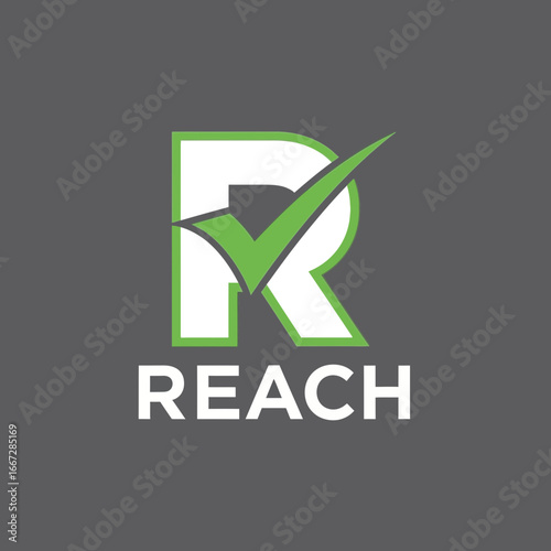 Initial letter R logotype with an integrated green checkmark symbol for success and verification. Abstract icon for business identity and corporate branding