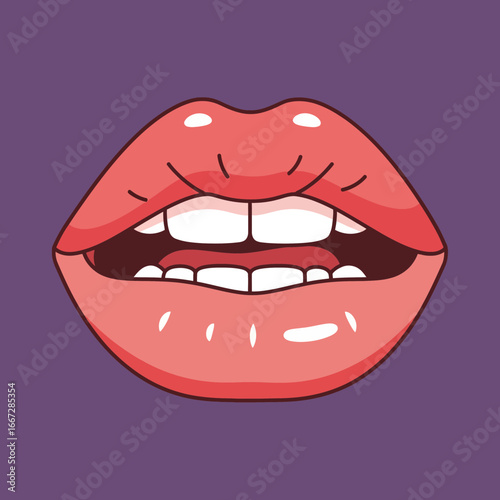 Detailed vector illustration of vibrant pink cartoon lips with an open mouth showing teeth, isolated on a solid purple background