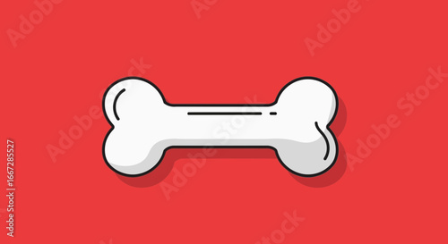 Clean and modern vector illustration of a classic white cartoon dog bone, a popular symbol for a pet chew toy or treat, isolated against a solid red background