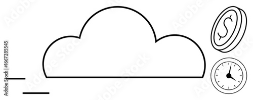 Minimalist cloud, flying motion lines, dollar coin, and clock. Ideal for technology, cloud storage, cost-efficiency, time management, data transfer innovation simple flat metaphor