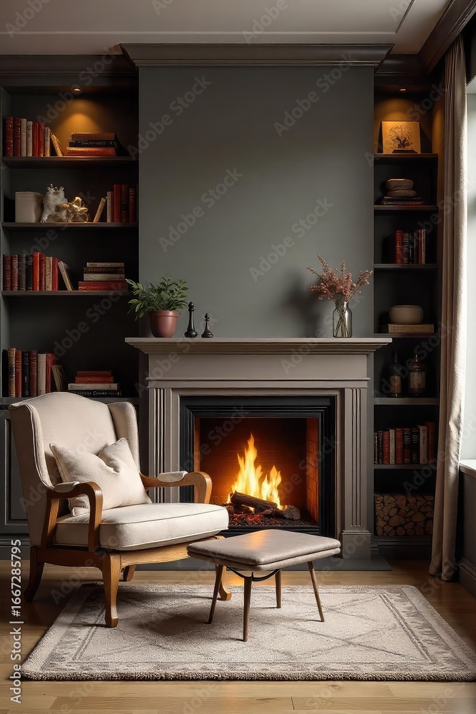 Fototapeta premium Cozy interior scene featuring a fireplace, comfortable armchair, bookshelves, and soft lighting Perfect for home decor, interior design, and relaxation themes , space, shelf