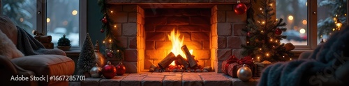 Cozy fireplace decorated with festive ornaments and glowing embers, creating a warm and inviting ambiance for a winter evening , ornaments, log, rustic