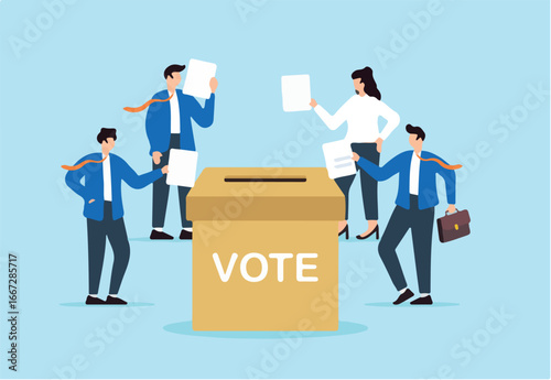 Business people put checkmark on voting papers and drop into ballot box, illustrating political choices, or employee feedback. Concept of opinions in democracy, elections, customer surveys 