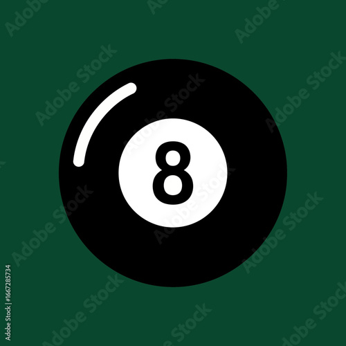 Minimalist vector illustration of the iconic black number eight billiard ball, a symbol of destiny and the final move in a game of pool, set against a solid green backdrop