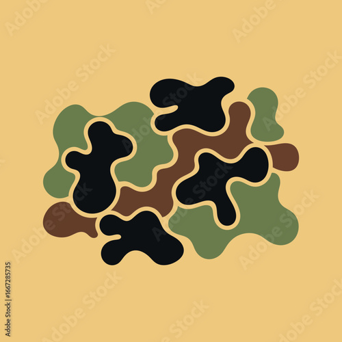 Abstract military camouflage pattern featuring organic fluid blotches in a classic woodland color palette. Vector graphic background for hunting, tactical gear, or fashion textile design