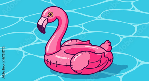 Cartoon vector illustration of a pink inflatable flamingo pool float on blue water. This whimsical design represents summer vacation, poolside relaxation, and holiday fun