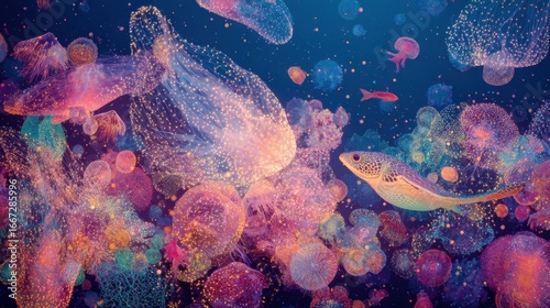 Bioluminescent Jellyfish and Sea Turtle Swimming in a Vibrant, Deep Ocean Ecosystem with Coral Reefs and Marine Life