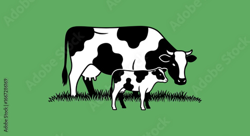 Dairy Cow and Calf Standing Together on Green Background with Grass, Farm Animal Vector Illustration