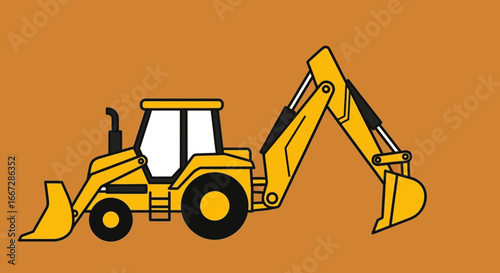 Yellow Backhoe Loader Construction Vehicle Flat Illustration on Orange Background