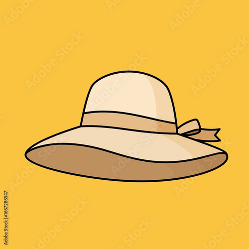 Elegant Straw Sun Hat with Ribbon for Summer Fashion on Yellow Background