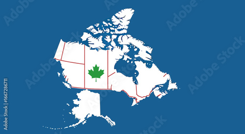 Canada Map with Provincial Borders and Green Maple Leaf on Blue Background