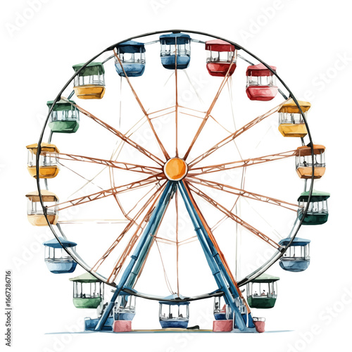 watercolor vector of Summer Fair Ferris Wheel, isolated on a white background.