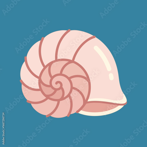 Pink Seashell with Spiral Pattern on Teal Background, Flat Vector Illustration