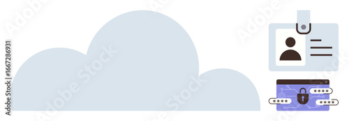 Cloud icon with ID badge and padlocked wallet symbolizing secure storage, privacy, and identity protection. Ideal for technology, cybersecurity, privacy, data management, cloud integration, identity