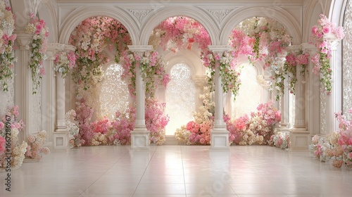 3D digital backdrop photo, floor-to-ceiling wall with floral arches and flowers, white walls with pink floral patterns, light beige floor tiles, soft lighting, romantic, pastel.