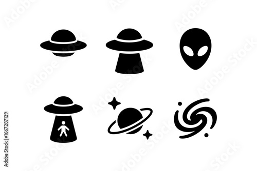 Space icons: ufos, alien heads, planets, and galaxies in minimalist silhouette style