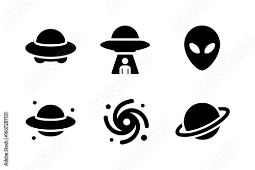 Minimalist ufo and alien icons: black and white galactic symbols