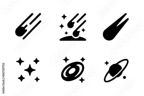 Stylized astronomy icons: meteors, stars, and planets