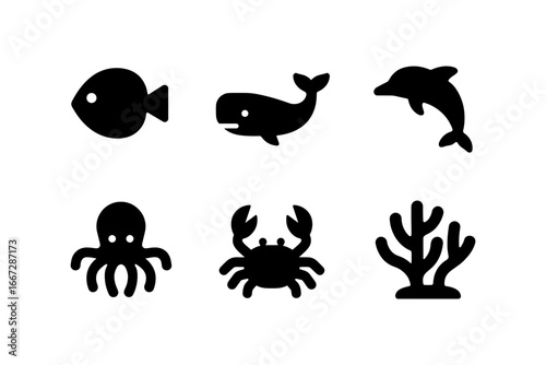 Silhouette sea life icons featuring fish, whale, dolphin, octopus, crab, and coral