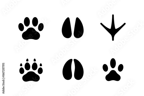 Animal tracks icons: paw prints and hoof marks in flat black silhouette