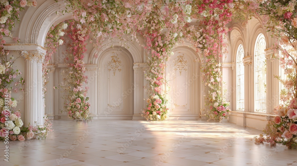 Fototapeta premium 3D digital backdrop photo, floor-to-ceiling wall with floral arches and flowers, white walls with pink floral patterns, light beige floor tiles, soft lighting, romantic, pastel.