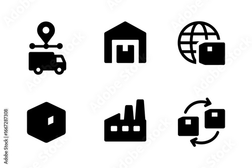 Logistics and supply chain illustrated icons for warehousing and shipping