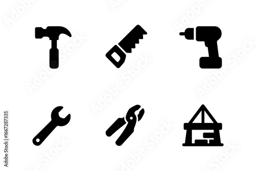 Black silhouette icons of tools featuring hammer drill saw pliers for construction and repair