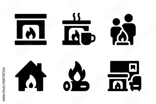 Cozy fireplace icons collection for hygge and comfort themes