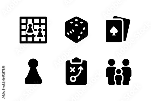 Silhouette icons: board game elements including dice, cards, and family fun