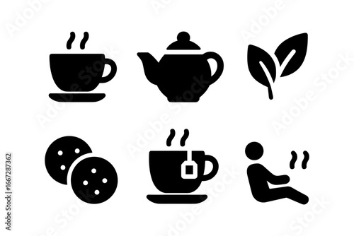 Simple icons of tea cup, teapot, leaves, cookies, relaxing person
