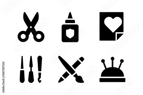 Crafting essentials silhouette set: scissors, glue, paper, tools, brush, pin cushion