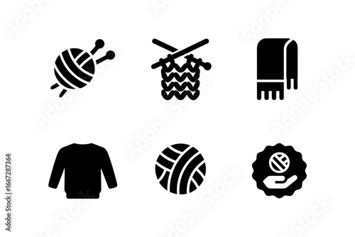 Collection of flat icons for knitting and crochet with yarn and needles