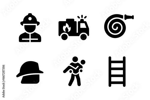 Firefighter icon set featuring equipment and rescue silhouettes