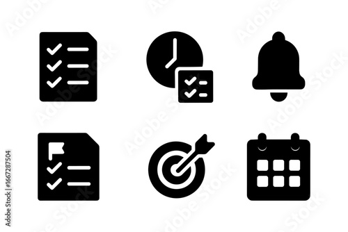 Minimalist task management icons in silhouette style for productivity