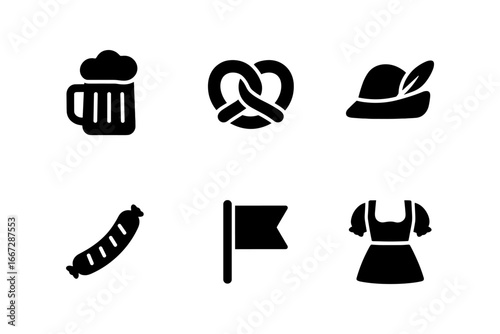 German festive icons: beer, pretzel, traditional hat, sausage, flag, dirndl dress in bold silhouette style