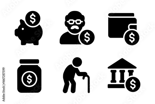 Financial icons set: piggy bank, senior savings, wallet, coin jar, elderly support, bank